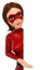 3D Woman masked superhero pointing to one side