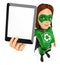 3D Woman superhero of recycling showing a tablet with blank scre