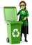 3D Woman superhero of recycling standing with a green bin