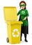 3D Woman superhero of recycling standing with a yellow bin for r