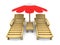 3d wood beach chairs and red umbrella