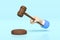 3d wooden judge gavel, hand holding hammer auction with stand isolated on blue background. law, justice system symbol concept, 3d