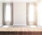 3D wooden table looking out to a sunny empty room