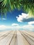 3D wooden table looking out to tropical ocean