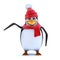 3d Wooly hatted penguin points to the side