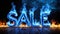 3D word SALE made of blue fire flame, black background. Hot blaze