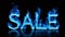 3D word SALE made of blue fire flame, black background. Hot blaze