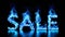 3D word SALE made of blue fire flame, black background. Hot blaze