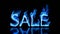 3D word SALE made of blue fire flame, black background. Hot blaze