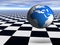 3D world globe jumping on abstract chess floor