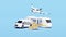 3d worldwide shipping with delivery van, plane, sky train transport isolated on blue background. service, transportation, air
