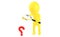 3d yellow character holding a magnifier in hands and looking question mark through it