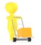 3d yellow character moving a trolley with cardboard box