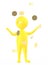 3d yellow character standing and raising both hands when golden coin,s falls