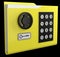 3D yellow folder with documents closed with code safe with panel of digital code set and round  handle isolated on black