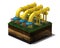 3d yellow pipeline with blue valves on section of land,