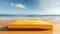 3D yellow podium with copy space for product display presentation on beach with blue sky and white clouds background. Tropical