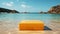 3D yellow podium with copy space for product display presentation on beach with blue sky and white clouds background. Tropical