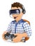 3D Young gamer playing with virtual reality glasses. VR