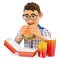 3D Young man eating a hamburger with fries and drink. Fast food