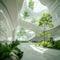 3Dprinted urban greening, modern architecture with foliage, wide angle, bright indoor light , professional color grading