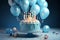 3Drender, blue cake, candles, balloons, festive birthday celebration