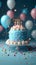 3Drender, blue cake, candles, balloons, festive birthday celebration