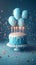 3Drender, blue cake, candles, balloons, festive birthday celebration