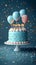 3Drender, blue cake, candles, balloons, festive birthday celebration