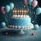 3Drender, blue cake, candles, balloons, festive birthday celebration