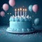 3Drender, blue cake, candles, balloons, festive birthday celebration