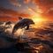 3Drender dolphins leaping gracefully in the sea at sunset