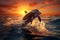 3Drender illustration dolphins jumping in the sea at sunset