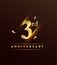 3rd anniversary glowing logotype with confetti golden colored isolated on dark background, vector design for greeting card and