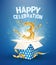 3th years anniversary and open gift box with explosions confetti. Template three birthday celebration on blue background vector