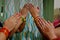 4 beautiful womens hand in namaskar postures from Indian culture tradition