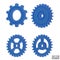 4 blue Gear icon set. Blue Transmission cogwheels and gears are isolated on white background. Blue Machine gear, setting symbol,