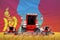4 bright red combine harvesters on grain field with flag background, Mongolia agriculture concept - industrial 3D illustration