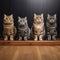 4 British short hair cats lined up in a wooden surface isolated in black background. AI generated