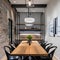 4 A contemporary, urban-inspired dining room with a long wooden table, black metal chairs, and industrial lighting1, Generative