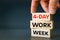 4-day work week symbol, conceptual words 4-day work week arranged by hand on wooden blocks, beautiful navy blue background.