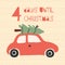 4 Days until Christmas vector illustration. Christmas countdown four days. Vintage style. Hand drawn tree on car. Holiday design