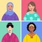 4 diverse beautiful happy smiling women avatar icons. Races and nationalities diversity, multicultural, multi ethnic female