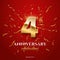 4 golden number and Anniversary Celebrating text with golden serpentine and confetti on red background. Vector fourth