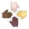 4 Hands of different ethnic backgrounds and skin colors team