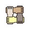 4 hands holding eachother. Vector icon for concepts of racial equality, teamwork, community and charity.