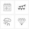 4 Interface Line Icon Set of modern symbols on calendar; code; download; diamond