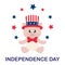 4 july cartoon cute pig in hat sitting with stars adn text