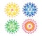 4 Mandalas in 4 colors. Openwork colorful circular ornament with Aum / Ohm / Om symbol.