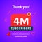 4 million followers vector post 4m celebration. Three millions subscribers followers thank you congratulation.